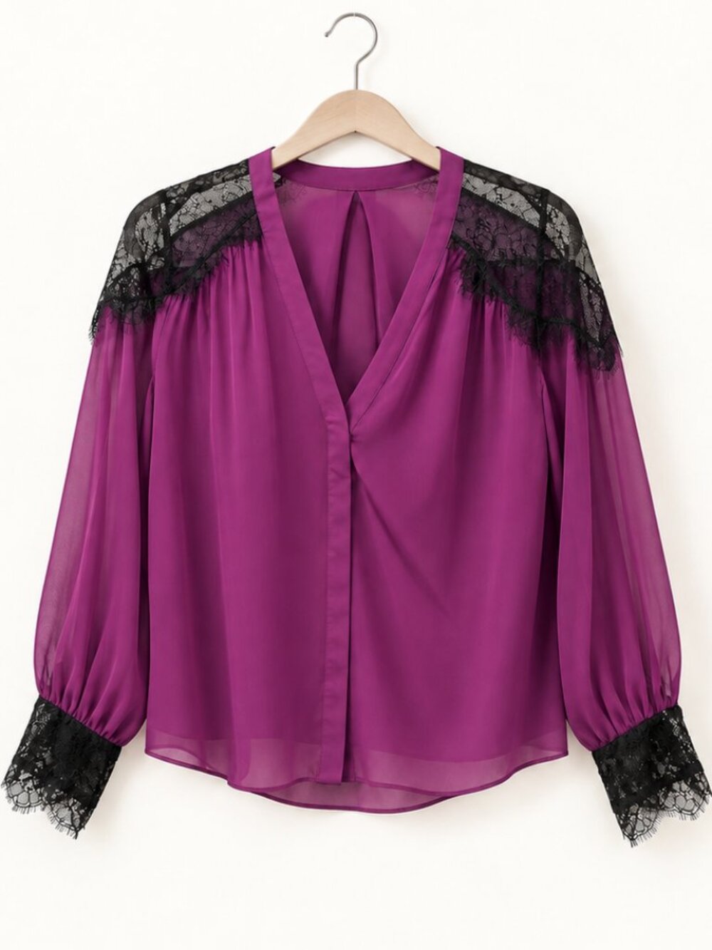 Alice + Olivia Purple Blouse with Black Lace Trim